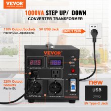 VEVOR Transformador Convertidor de Voltaje Sube/Baja 220-110V/110-220V Convertidor 1000 VA CE con 2 Enchufes NEMA 5-15R de 3 Pines EE.UU., 2 Enchufes Shucko Europeos, 1 Conector USB, 1 Conector Tipo-C