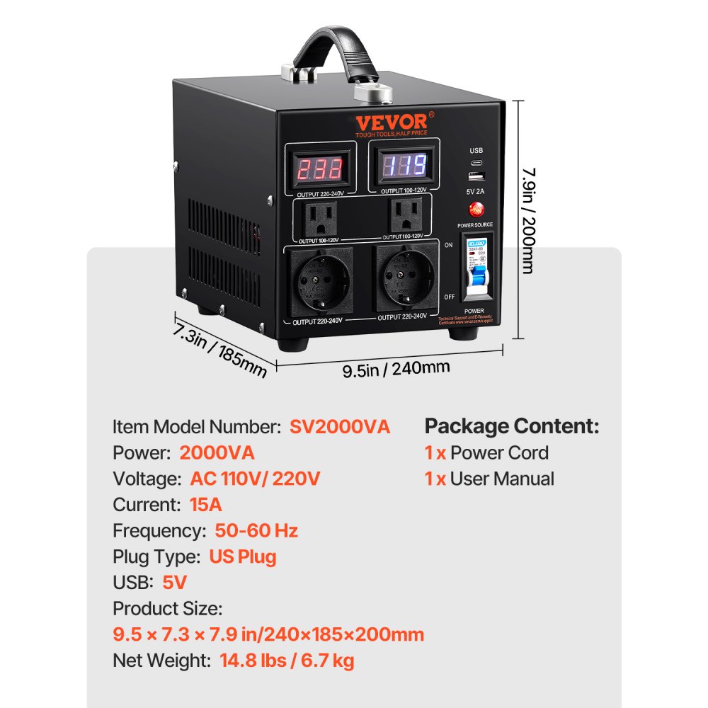VEVOR Transformador Convertidor de Voltaje Sube/Baja 220-110V/110-220V Convertidor 2000VA CE con 2 Enchufes NEMA 5-15R de 3 Pines EE.UU., 2 Enchufes Shucko Europeos, 1 Conector USB, 1 Conector Tipo-C