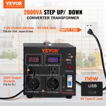 VEVOR Transformador Convertidor de Voltaje Sube/Baja 220-110V/110-220V Convertidor 2000 W CE con 2 Enchufes NEMA 5-15R de 3 Pines EE.UU., 2 Enchufes Shucko Europeos, 1 Conector USB, 1 Conector Tipo-C