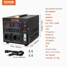 VEVOR Transformador Convertidor de Voltaje Sube/Baja 220-110V/110-220V Convertidor 2000 W CE con 2 Enchufes NEMA 5-15R de 3 Pines EE.UU., 2 Enchufes Shucko Europeos, 1 Conector USB, 1 Conector Tipo-C