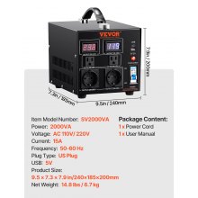 VEVOR Transformador Convertidor de Voltaje Sube/Baja 220-110V/110-220V Convertidor 2000 VA CE con 2 Enchufes NEMA 5-15R de 3 Pines EE.UU., 2 Enchufes Shucko Europeos, 1 Conector USB, 1 Conector Tipo-C