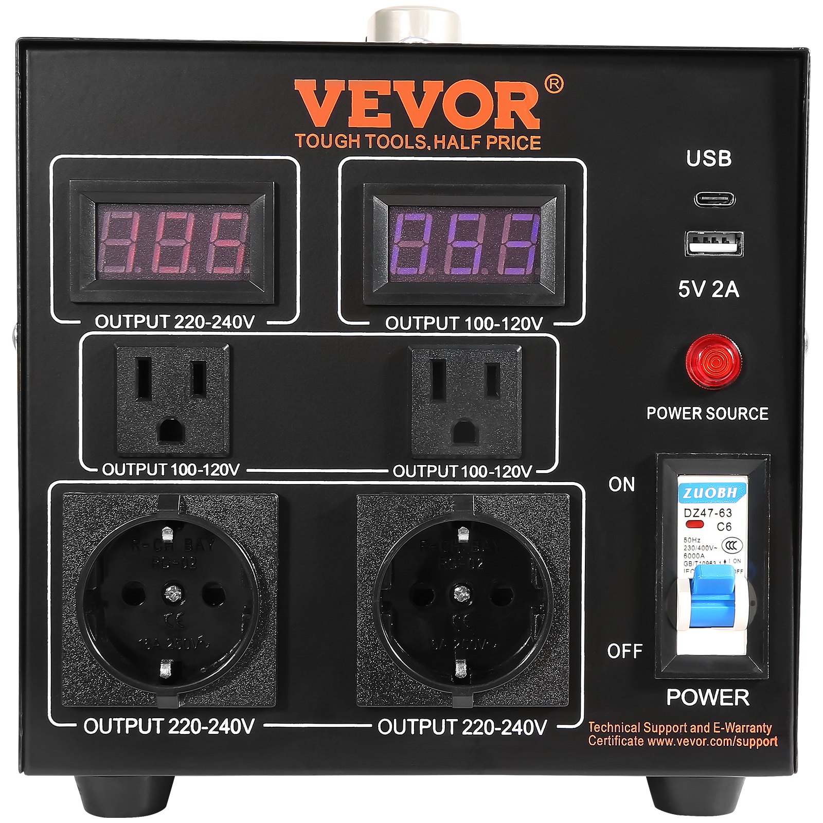 VEVOR Transformador Convertidor de Voltaje Sube/Baja 220-110V/110-220V Convertidor 2000VA CE con 2 Enchufes NEMA 5-15R de 3 Pines EE.UU., 2 Enchufes Shucko Europeos, 1 Conector USB, 1 Conector Tipo-C