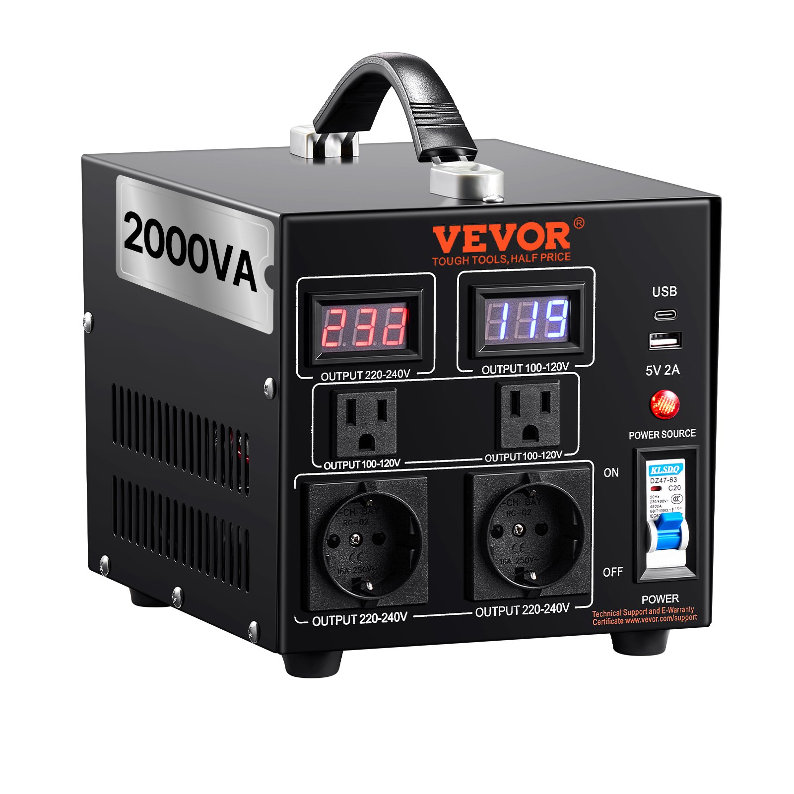 VEVOR Transformador Convertidor de Voltaje Sube/Baja 220-110V/110-220V Convertidor 2000VA CE con 2 Enchufes NEMA 5-15R de 3 Pines EE.UU., 2 Enchufes Shucko Europeos, 1 Conector USB, 1 Conector Tipo-C