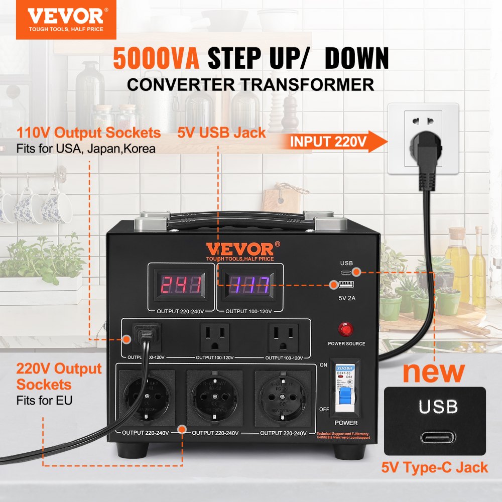 VEVOR Transformador Convertidor de Voltaje Sube/Baja 220-110V/110-220V Transformador de Potencia 5000VA CE con 3 Enchufes NEMA 5-15R EE.UU. 3 Pines 3 Enchufes Shucko UE 1 Puerto USB 5V 1 Toma Tipo-C