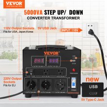 VEVOR Transformador Convertidor de Voltaje Sube/Baja 220-110V/110-220V Transformador de Potencia 5000W CE con 3 Enchufes NEMA 5-15R EE.UU. 3 Pines 3 Enchufes Shucko UE 1 Puerto USB 5V 1 Toma Tipo-C