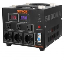 VEVOR Transformador Convertidor de Voltaje Sube/Baja 220-110V/110-220V Transformador de Potencia 5000W CE con 3 Enchufes NEMA 5-15R EE.UU. 3 Pines 3 Enchufes Shucko UE 1 Puerto USB 5V 1 Toma Tipo-C