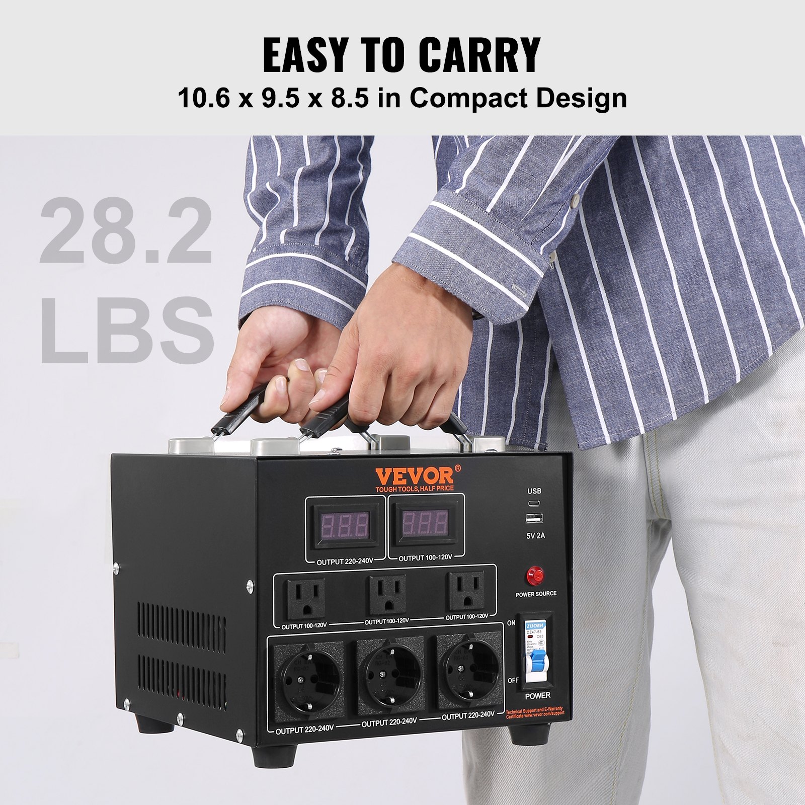 VEVOR Transformador Convertidor de Voltaje Sube/Baja 220-110V/110-220V Transformador de Potencia 5000VA CE con 3 Enchufes NEMA 5-15R EE.UU. 3 Pines 3 Enchufes Shucko UE 1 Puerto USB 5V 1 Toma Tipo-C