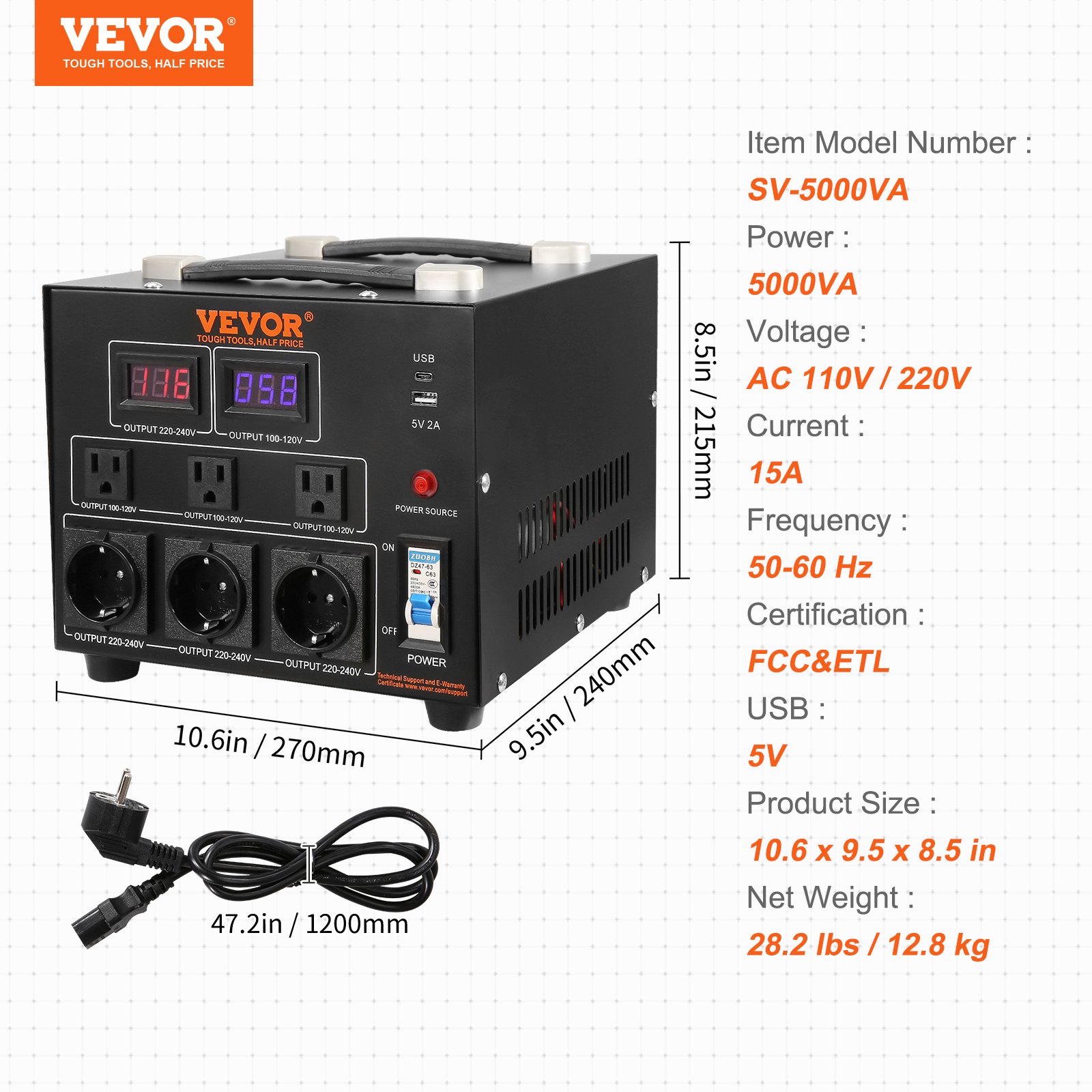VEVOR Transformador Convertidor de Voltaje Sube/Baja 220-110V/110-220V Transformador de Potencia 5000VA CE con 3 Enchufes NEMA 5-15R EE.UU. 3 Pines 3 Enchufes Shucko UE 1 Puerto USB 5V 1 Toma Tipo-C