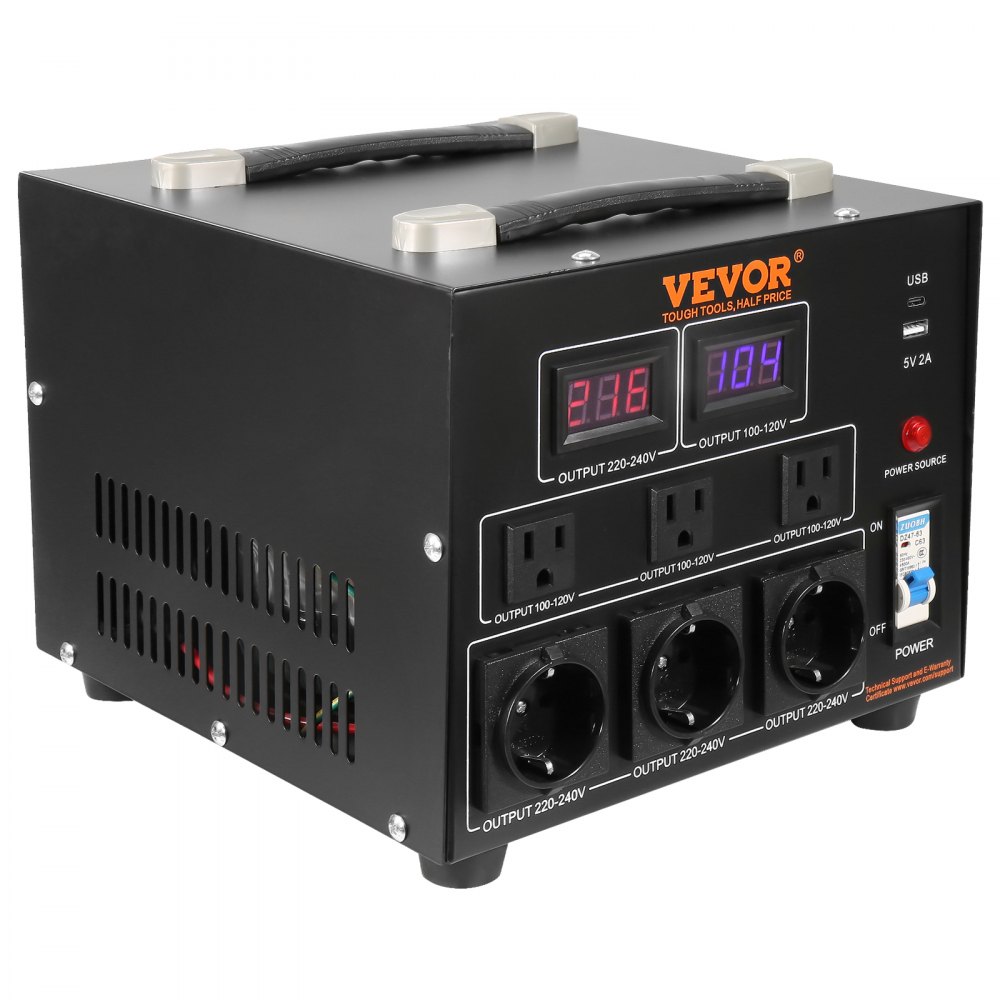 VEVOR Transformador Convertidor de Voltaje Sube/Baja 220-110V/110-220V Convertidor 3000VA CE con 3 Enchufes NEMA 5-15R de 3 Pines EE.UU., 3 Enchufes Shucko Europeos, 1 Conector USB, 1 Conector Tipo-C