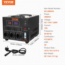 VEVOR Transformador Convertidor de Voltaje Sube/Baja 220-110V/110-220V Convertidor 3000VA CE con 3 Enchufes NEMA 5-15R de 3 Pines EE.UU., 3 Enchufes Shucko Europeos, 1 Conector USB, 1 Conector Tipo-C