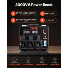 VEVOR Transformador Convertidor de Voltaje Sube/Baja 220-110V/110-220V Convertidor 3000VA CE con 3 Enchufes NEMA 5-15R de 3 Pines EE.UU., 3 Enchufes Shucko Europeos, 1 Conector USB, 1 Conector Tipo-C