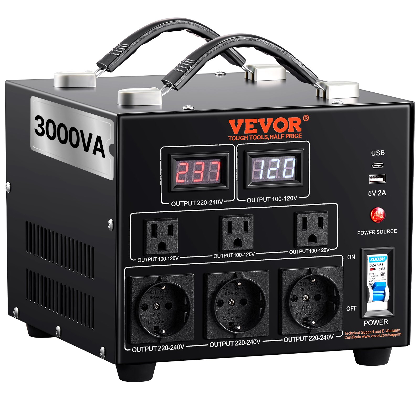 VEVOR Transformador Convertidor de Voltaje Sube/Baja 220-110V/110-220V Convertidor 3000VA CE con 3 Enchufes NEMA 5-15R de 3 Pines EE.UU., 3 Enchufes Shucko Europeos, 1 Conector USB, 1 Conector Tipo-C
