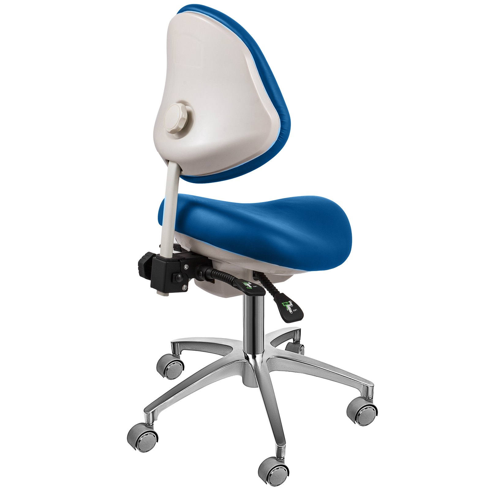 Silla Taburete Ergonómico Ajustable en Forma de Concha Azul Giratoria con Ruedas y Respaldo de PU para Médicos Salón de SPA de Masaje Dentista