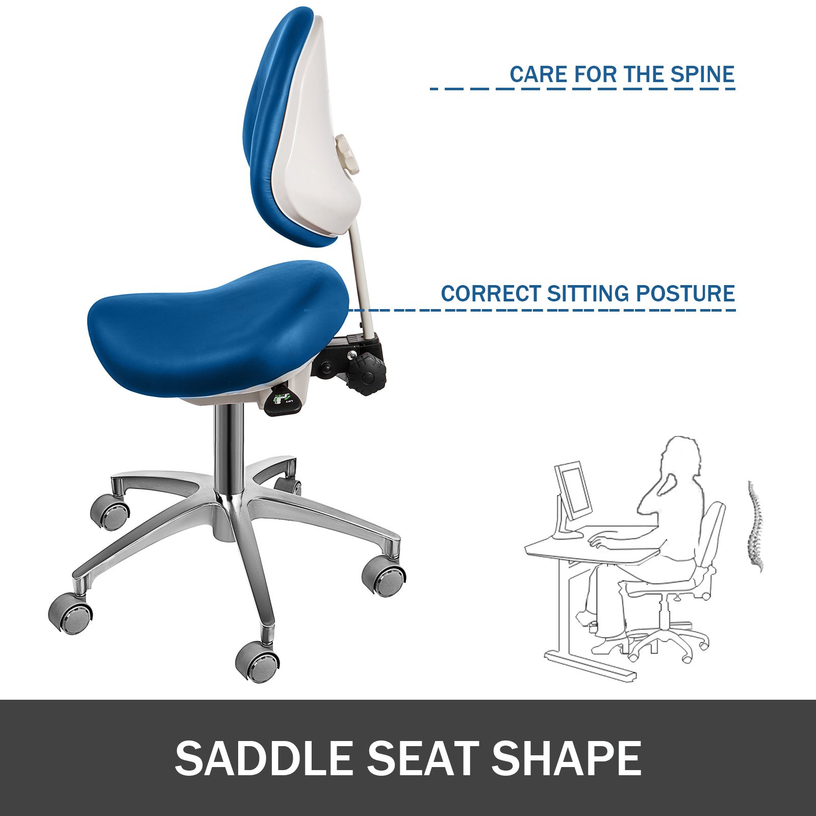 Silla Taburete Ergonómico Ajustable en Forma de Concha Azul Giratoria con Ruedas y Respaldo de PU para Médicos Salón de SPA de Masaje Dentista