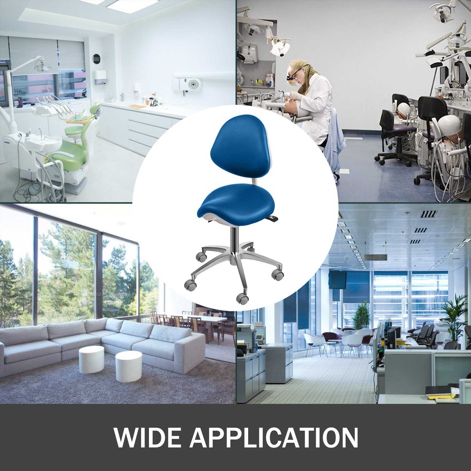 Silla Taburete Ergonómico Ajustable en Forma de Concha Azul Giratoria con Ruedas y Respaldo de PU para Médicos Salón de SPA de Masaje Dentista