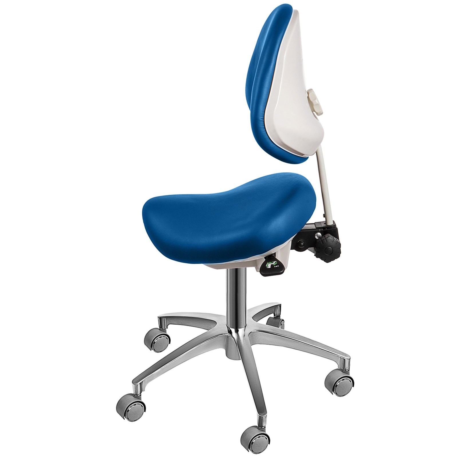 Silla Taburete Ergonómico Ajustable en Forma de Concha Azul Giratoria con Ruedas y Respaldo de PU para Médicos Salón de SPA de Masaje Dentista