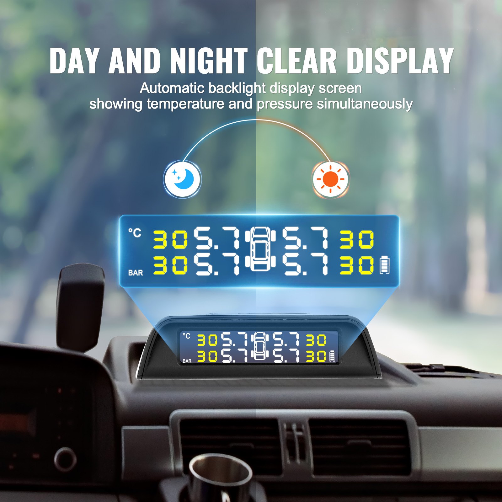 VEVOR Tire Pressure Monitoring System for RVs, 7.3-116 psi Universal Wireless Car Alarm System Waterproof TPMS Sensor Set with Solar Charging 6 Sensors 5 Alarm Modes and Real-Time Display