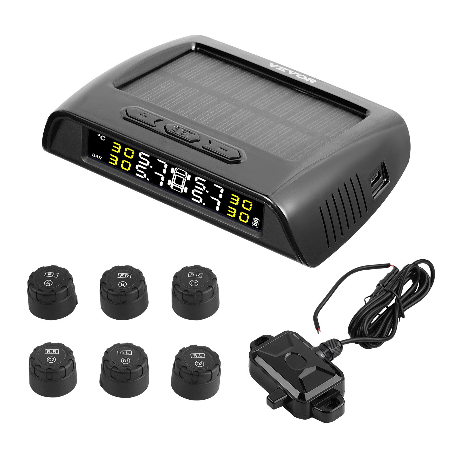 VEVOR Tire Pressure Monitoring System for RVs, 7.3-116 psi Universal Wireless Car Alarm System Waterproof TPMS Sensor Set with Solar Charging 6 Sensors 5 Alarm Modes and Real-Time Display