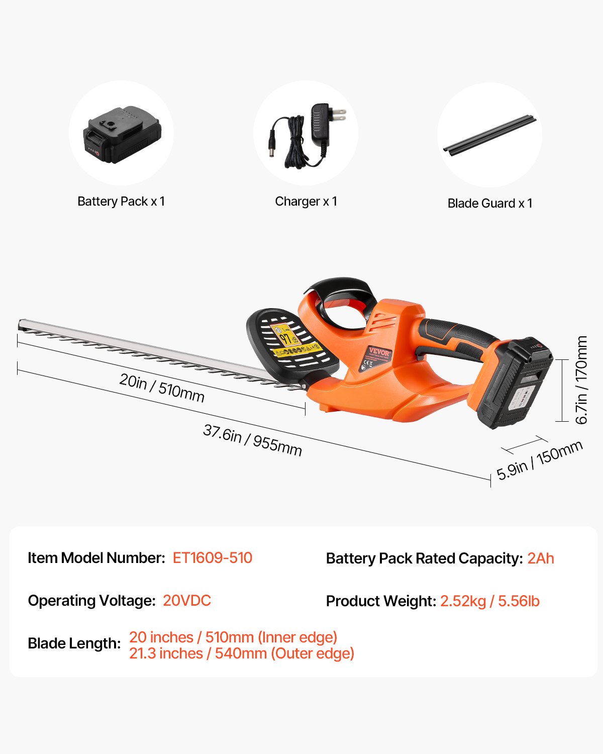VEVOR Electric Hedge Trimmer, 1200 RPM, Hedge Trimmer for Low Branches, 20V 2A Battery, Electric Hedge Trimmer with 51cm Dual-Action Blade & Safe Design, Garden Shears for Lawn Care in the Yard
