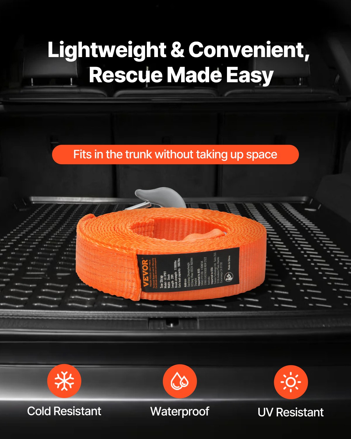 VEVOR ATV Tow Strap with Hooks, 50.8 mm x 6.1 m, 7711 kg Capacity, Durable Recovery Rope with Security Hooks for Trucks and Vehicles, Essential Towing Accessory for Roadside Assistance