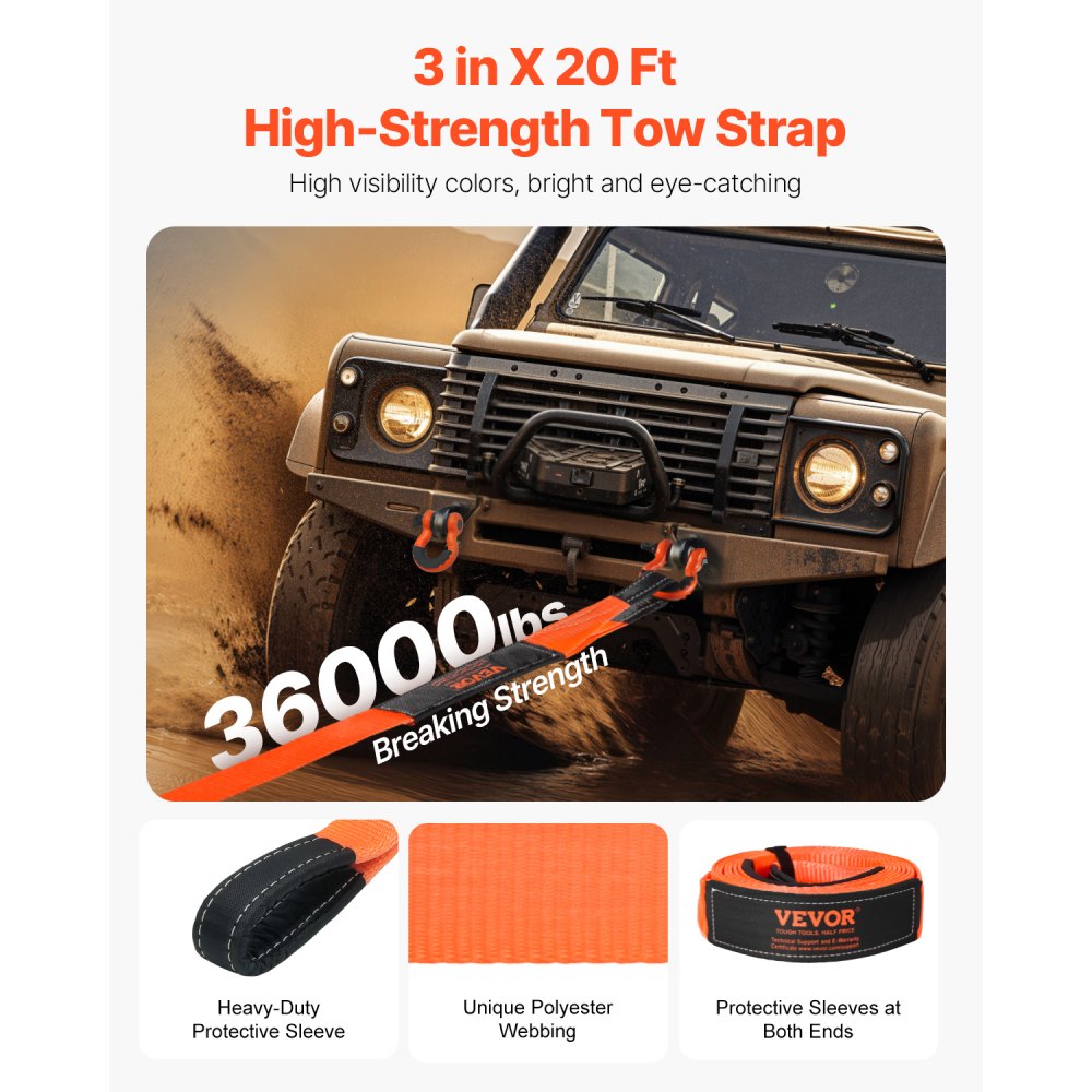 VEVOR Kit de Recuperación de Correas de Remolque, 76,2 mm x 6,1 m Capacidad de 16329 kg Correa de Cabrestante con Fundas Protectoras y Bolsa de Almacenamiento, Grilletes de Anilla en D para SUV, ATV