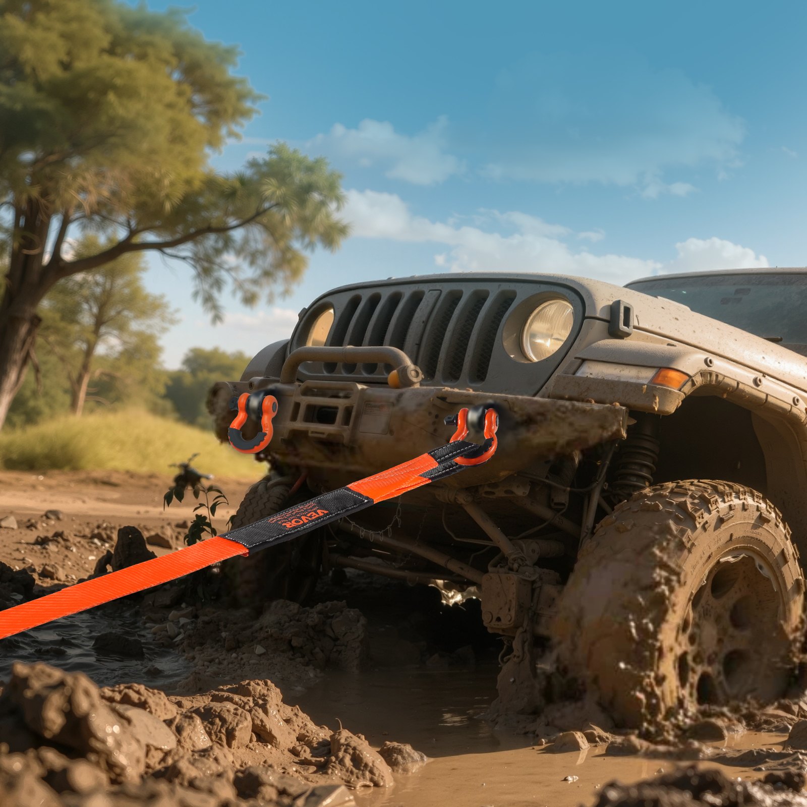 VEVOR Kit de Recuperación de Correas de Remolque, 76,2 mm x 6,1 m Capacidad de 16329 kg Correa de Cabrestante con Fundas Protectoras y Bolsa de Almacenamiento, Grilletes de Anilla en D para SUV, ATV