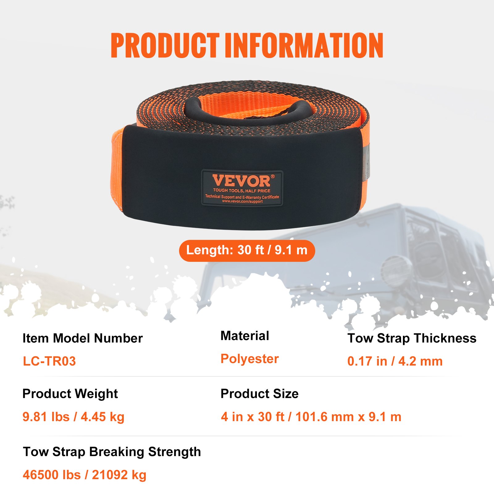 VEVOR Correa de remolque de 101,6 mm x 9,1 m, Resistencia a la Rotura de 21092kg, Correa de Bucle Triplemente Reforzada con Fundas Protectoras y Bolsa de Almacenamiento para Recuperación Todoterreno