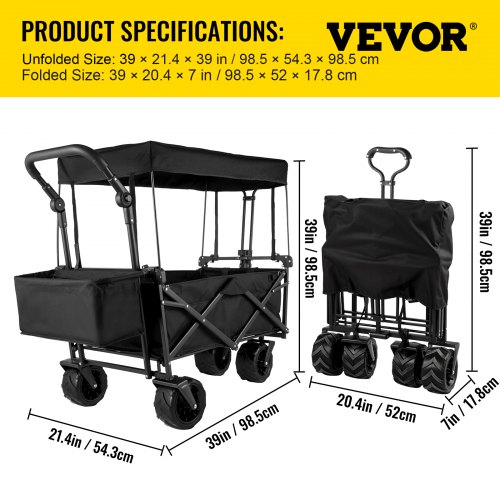 VEVOR Carrito de Jardín Plegable de Transporte Playa, Carga 100 kg Carrito Plegable con Techo Extraíble, Negro Transporte Plegable de Playa Jardín con Toldo Cesta Giratorio 360 ° para Camping Pícnic