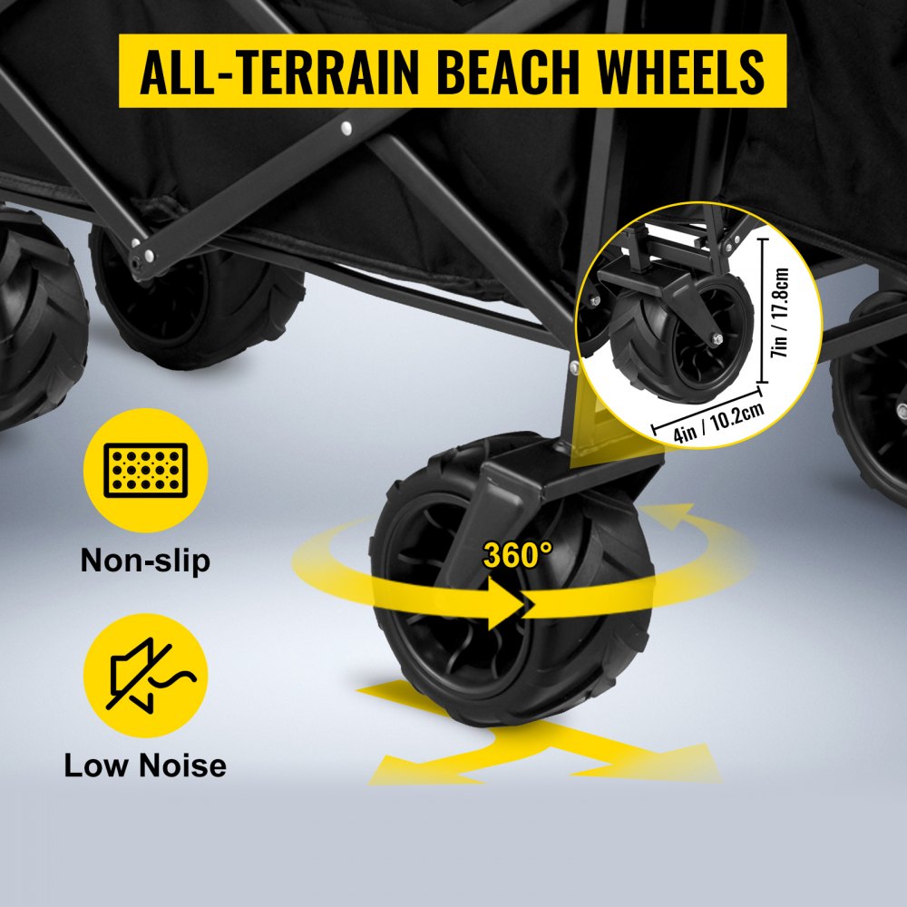 VEVOR Carrito de Jardín Plegable de Transporte Playa, Carga 100 kg Carrito Plegable con Techo Extraíble, Negro Transporte Plegable de Playa Jardín con Toldo Cesta Giratorio 360 ° para Camping Pícnic