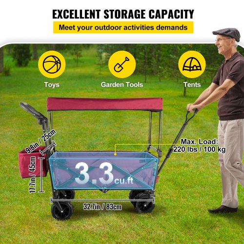 VEVOR Carro Transporte Plegable de Playa Jardín con Toldo Desmontable, Carro Plegable para Camping 4 Ruedas, Dimensión 92,7 x 54,3 x 98,5 cm, Carrito para Exteriores Plegado de 98,5 x 52 x 17,8 cm
