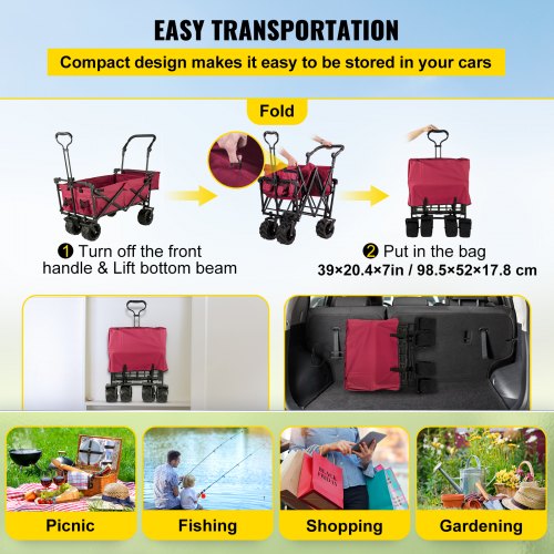 VEVOR Carro Transporte Plegable de Playa Jardín con Toldo Desmontable, Carro Plegable para Camping 4 Ruedas, Dimensión 92,7 x 54,3 x 98,5 cm, Carrito para Exteriores Plegado de 98,5 x 52 x 17,8 cm