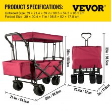 VEVOR Carro Transporte Plegable de Playa Jardín con Toldo Desmontable, Carro Plegable para Camping 4 Ruedas, Dimensión 92,7 x 54,3 x 98,5 cm, Carrito para Exteriores Plegado de 98,5 x 52 x 17,8 cm