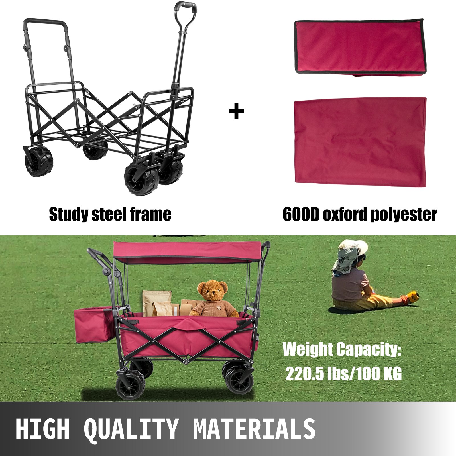 Carro Plegable Para Vagones, Con Toldo Extraíble Acero Rojo Para Camping Pícnic