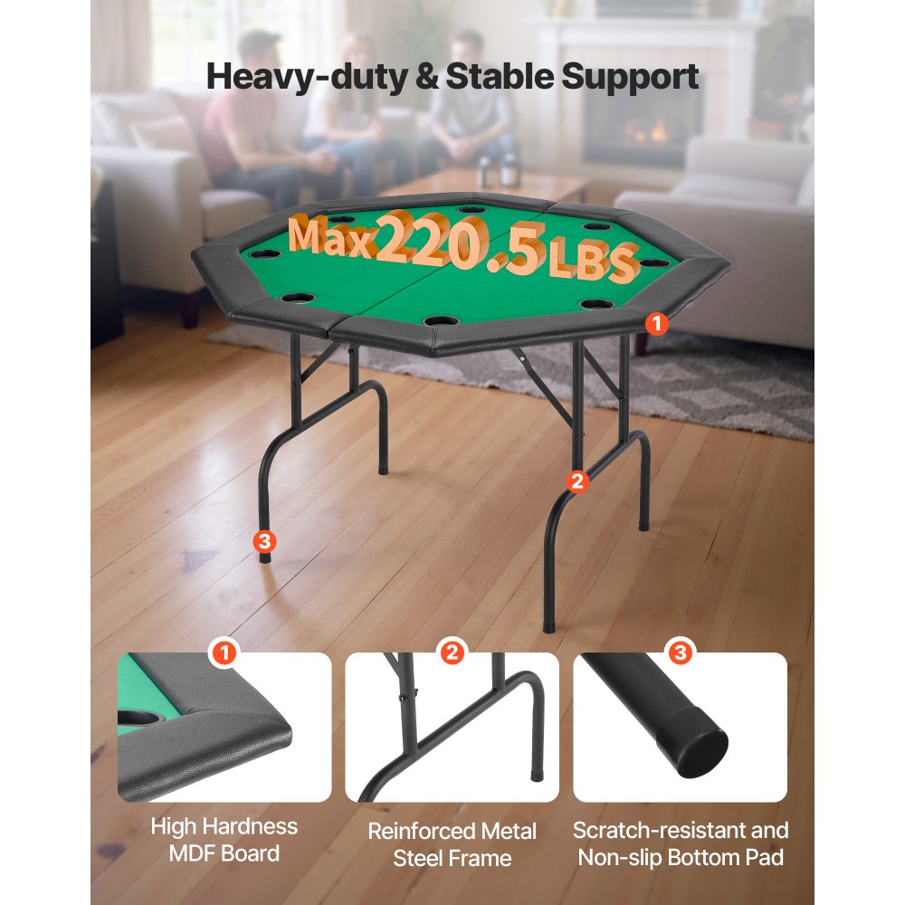 VEVOR Mesa de Póker Plegable, Mesa de Casino Plegable para Ocho Jugadores con Rieles Acolchados y Portavasos, con Patas de Fieltro y Metal, para Texas Hold'em y Blackjack, 1260 x 1260 x 750 mm