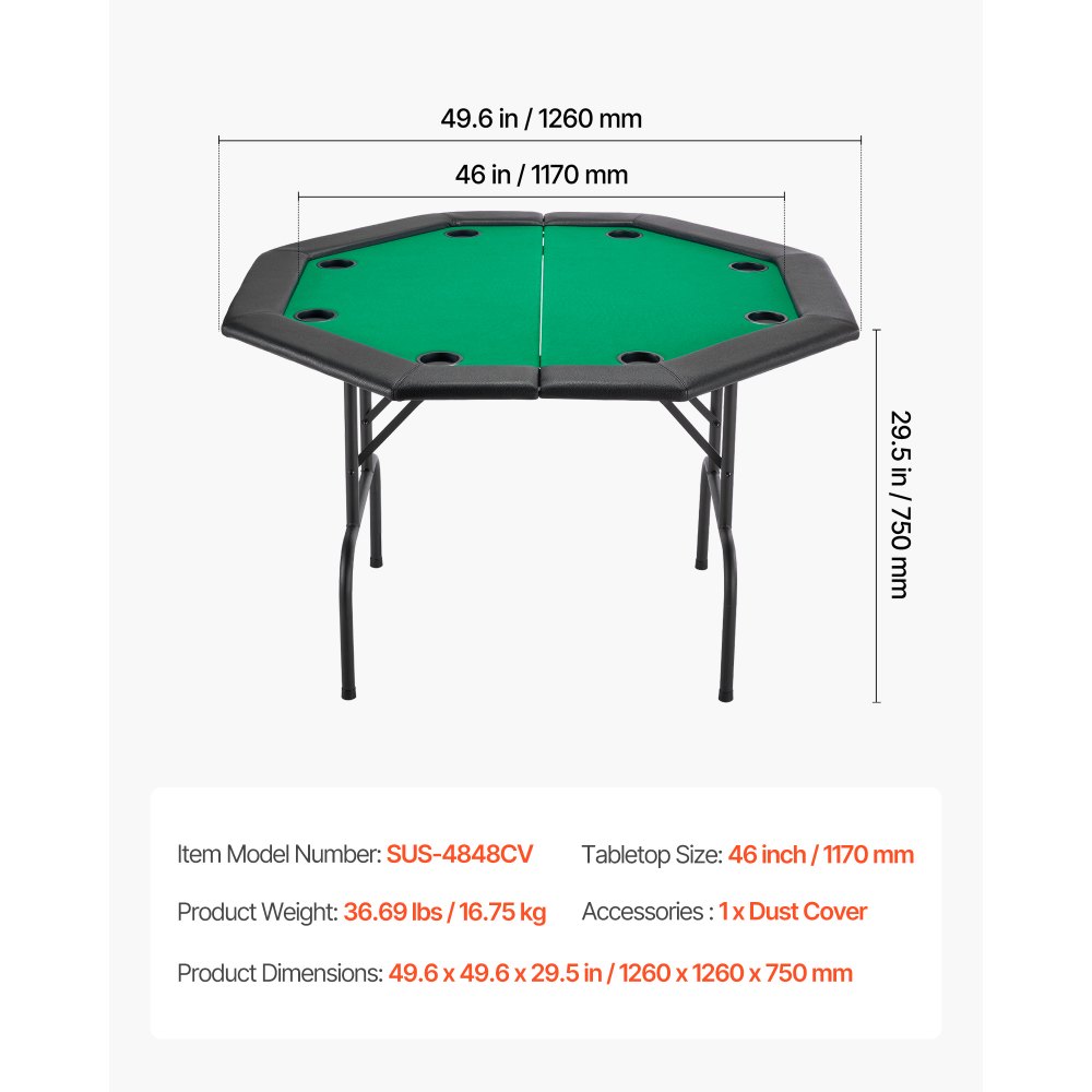 VEVOR Mesa de Póker Plegable, Mesa de Casino Plegable para Ocho Jugadores con Rieles Acolchados y Portavasos, con Patas de Fieltro y Metal, para Texas Hold'em y Blackjack, 1260 x 1260 x 750 mm