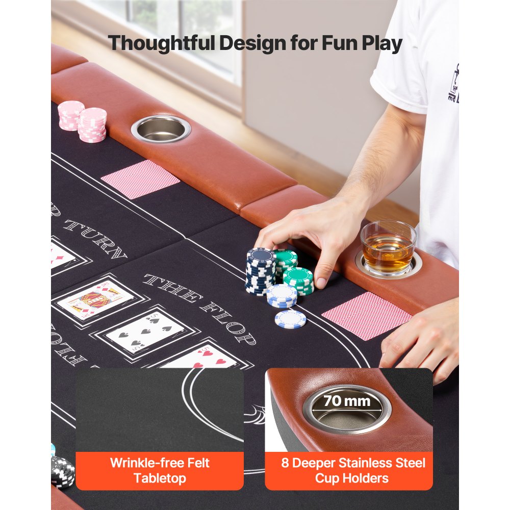 VEVOR Foldable Poker Table, 8 Player 1828.8 mm Folding Casino Leisure Table with Padded Rails & Cup Holders, Oval Portable Game Tables with Felt & Metal Legs, for Texas Hold'em Game and Blackjack