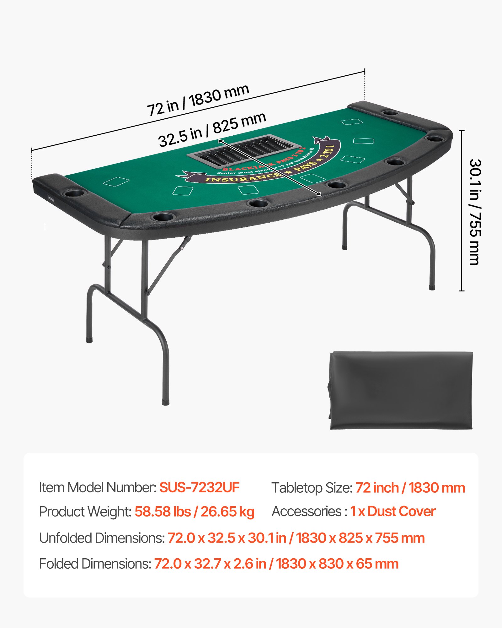 VEVOR Mesa de Póker Plegable de Casino, 7 Jugadores, con Rieles Acolchados y Portavasos, Portátil Semiovalada, con Patas de Fieltro y Metal, para Texas Hold'em y Blackjack, 1830 x 825 x 755 mm