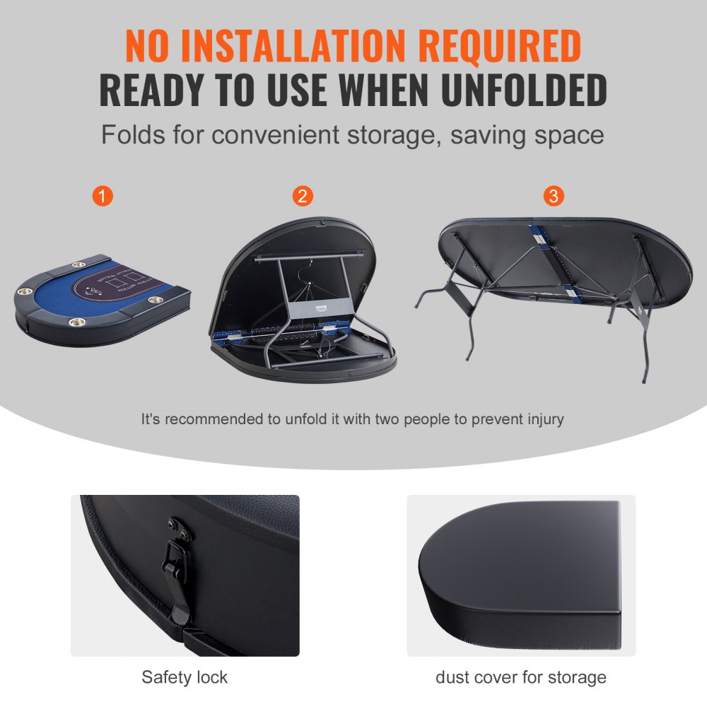 VEVOR Casino Poker Table with Folding Legs, 1830 x 820 x 720 mm (L x W x H), Foldable Poker Table, Black & Blue, Poker Mat, Folding Table for 8 Players, Portable Poker Table with Dust Cover