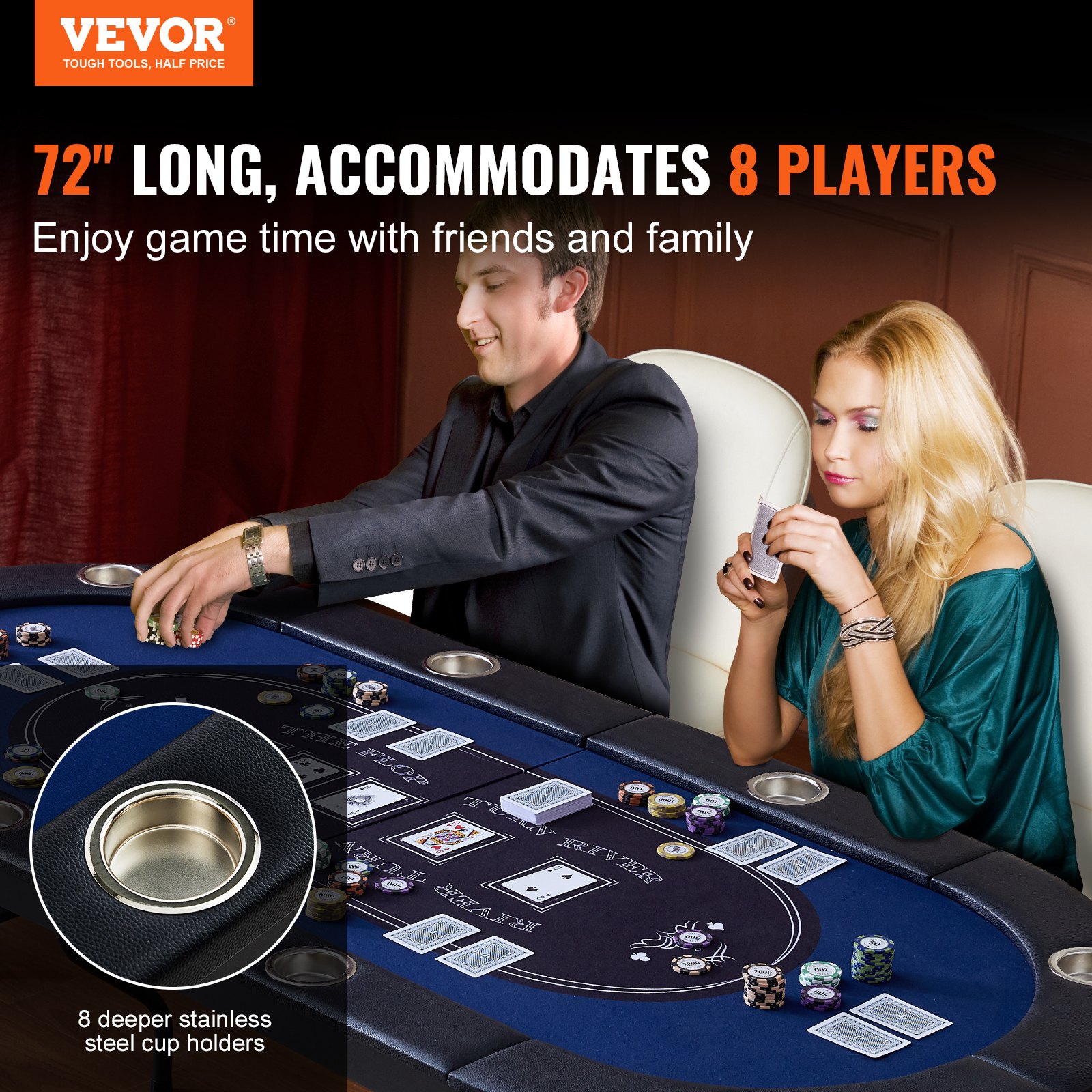 VEVOR Mesa de póquer plegable de 183 cm para 8 jugadores Mesa de casino Texas Holdem Blackjack con rieles acolchados y portavasos de acero inoxidable Mesa de juego de cartas Juego de mesa