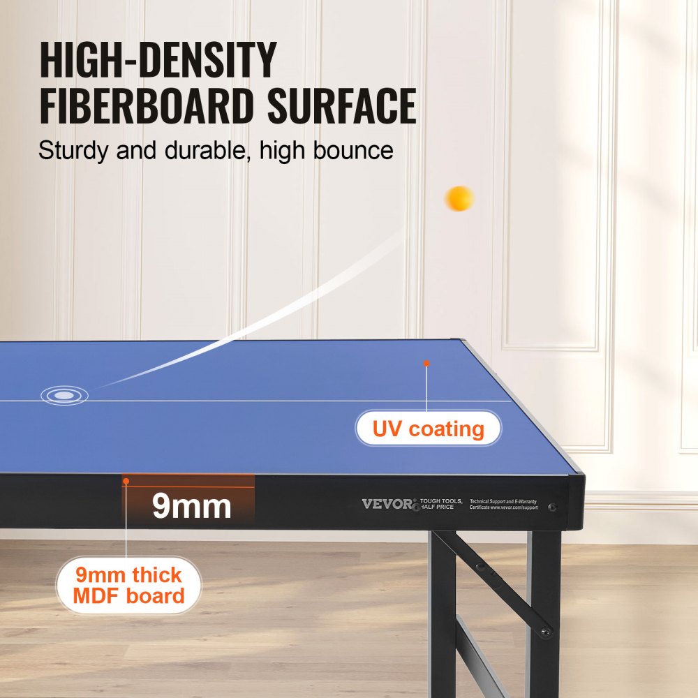 VEVOR Mesa de Ping-pong para Juego de Tenis de Mesa 1526x665x718 mm Mesa de Ping-pong de MDF Plegable Portátil para Interiores con Red, 2 Paletas, 3 Pelotas, Bolsa de Transporte, Asa