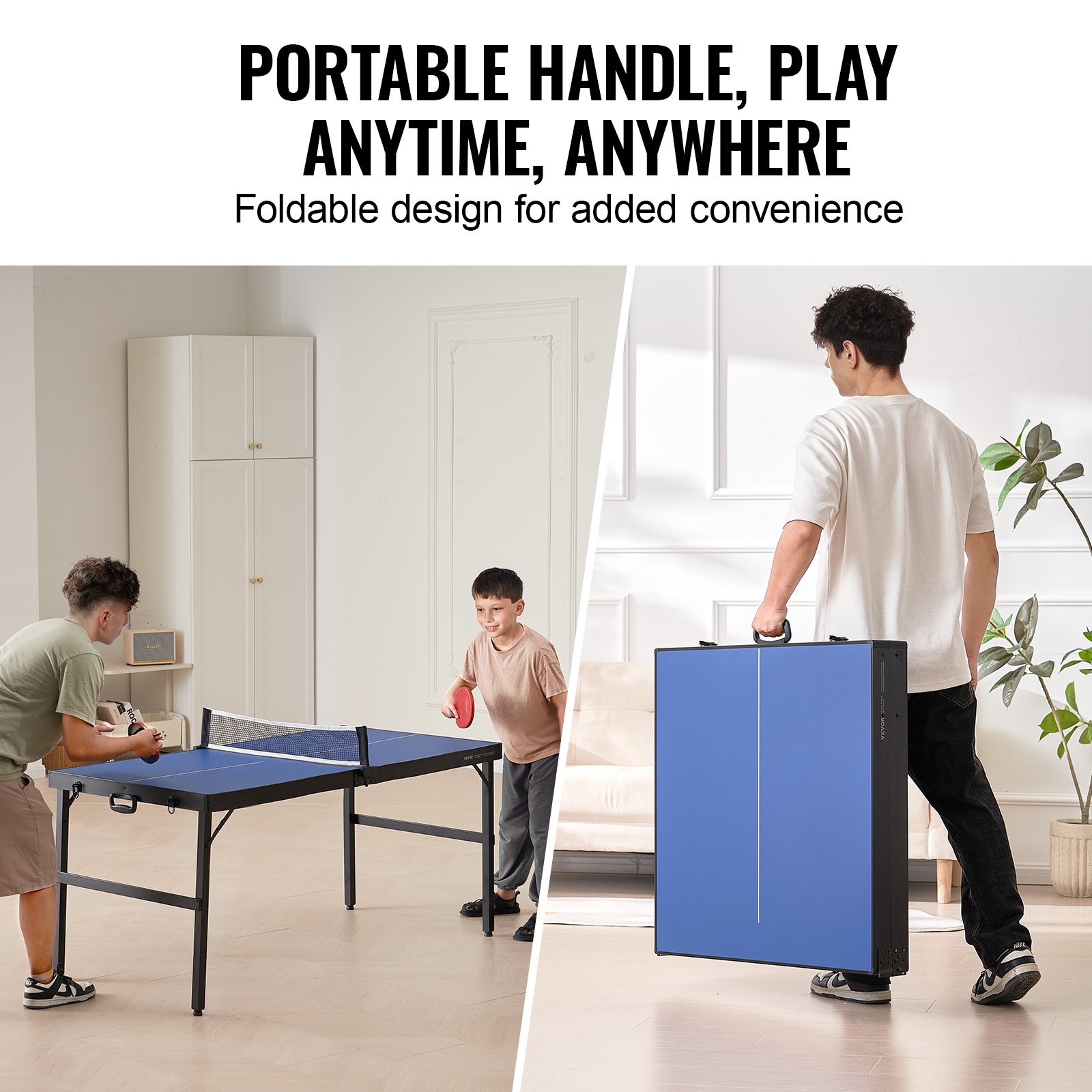 VEVOR Mesa de Ping-pong para Juego de Tenis de Mesa 1526x665x718 mm Mesa de Ping-pong de MDF Plegable Portátil para Interiores con Red, 2 Paletas, 3 Pelotas, Bolsa de Transporte, Asa