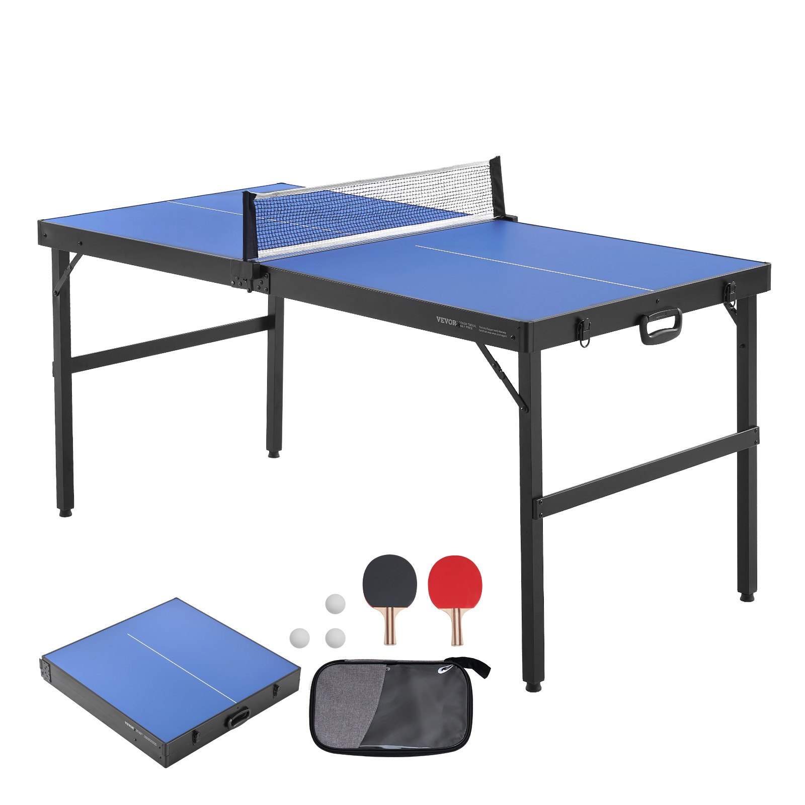 VEVOR Mesa de Ping-pong para Juego de Tenis de Mesa 1526x665x718 mm Mesa de Ping-pong de MDF Plegable Portátil para Interiores con Red, 2 Paletas, 3 Pelotas, Bolsa de Transporte, Asa