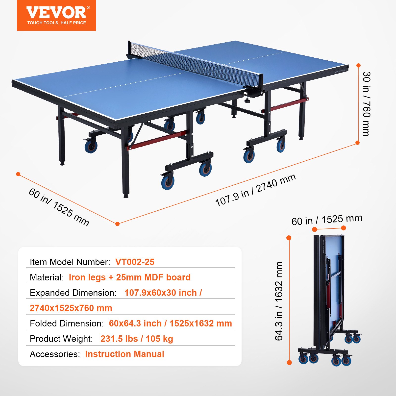 VEVOR Mesa de Ping-pong para Juego de Tenis de Mesa 2740x1525x760 mm Mesa de Ping-pong de MDF Plegable Portátil para Interiores con Red de Liberación Rápida y Ruedas de Bloqueo Tapas de 25 mm