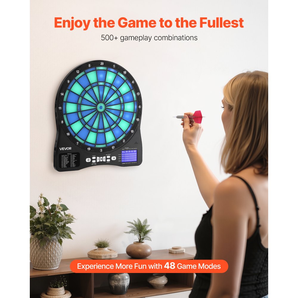 VEVOR Diana Electrónica 342,9 mm, con Iluminación LED, 48 Juegos, 500 Variantes, Incluye 6 Ejes de Dardos con Plumas y 50 Puntas de Repuesto, Pantalla LCD con Marcador de Críquet, a 8 Jugadores