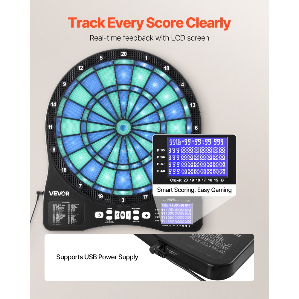 VEVOR Diana Electrónica 342,9 mm, con Iluminación LED, 48 Juegos, 500 Variantes, Incluye 6 Ejes de Dardos con Plumas y 50 Puntas de Repuesto, Pantalla LCD con Marcador de Críquet, a 8 Jugadores