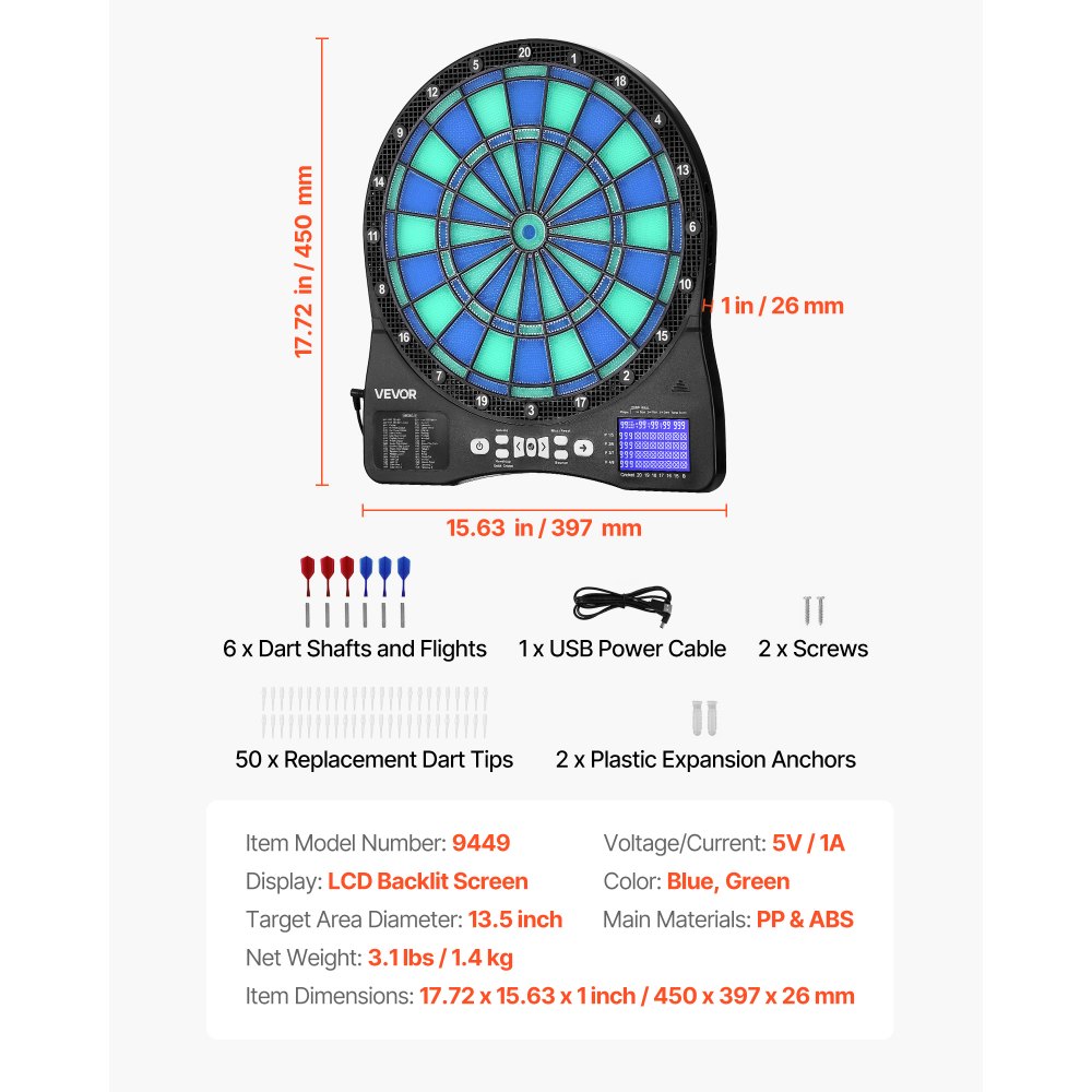 VEVOR Diana Electrónica 342,9 mm, con Iluminación LED, 48 Juegos, 500 Variantes, Incluye 6 Ejes de Dardos con Plumas y 50 Puntas de Repuesto, Pantalla LCD con Marcador de Críquet, a 8 Jugadores