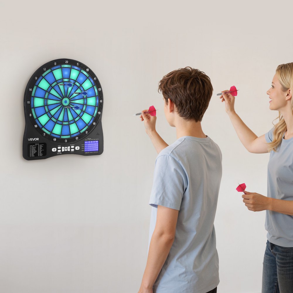 VEVOR Diana Electrónica 342,9 mm, con Iluminación LED, 48 Juegos, 500 Variantes, Incluye 6 Ejes de Dardos con Plumas y 50 Puntas de Repuesto, Pantalla LCD con Marcador de Críquet, a 8 Jugadores