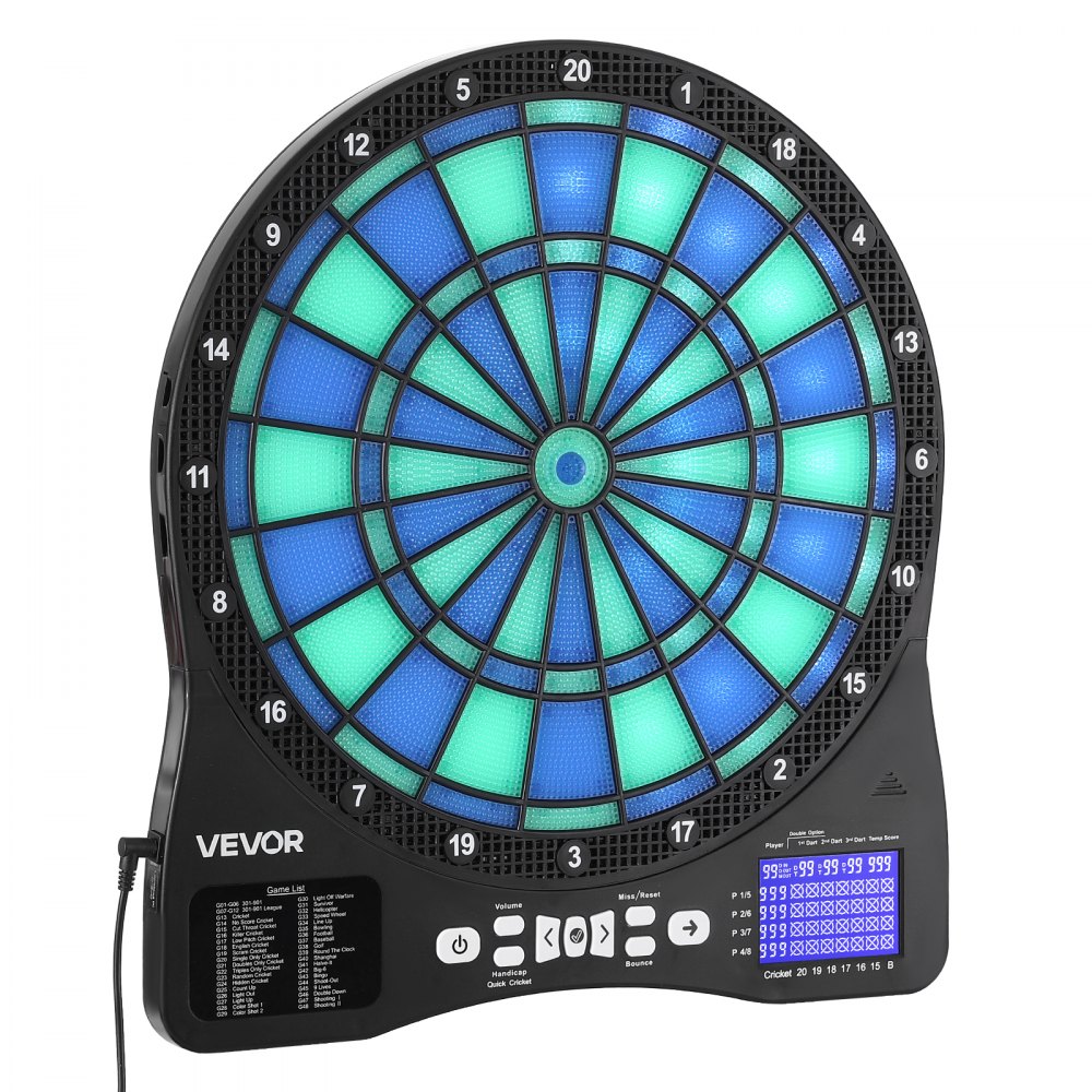 VEVOR Diana Electrónica 342,9 mm, con Iluminación LED, 48 Juegos, 500 Variantes, Incluye 6 Ejes de Dardos con Plumas y 50 Puntas de Repuesto, Pantalla LCD con Marcador de Críquet, a 8 Jugadores