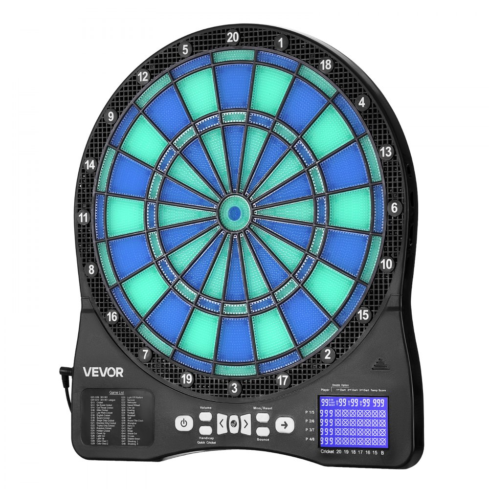 VEVOR Diana Electrónica 342,9 mm, con Iluminación LED, 48 Juegos, 500 Variantes, Incluye 6 Ejes de Dardos con Plumas y 50 Puntas de Repuesto, Pantalla LCD con Marcador de Críquet, a 8 Jugadores