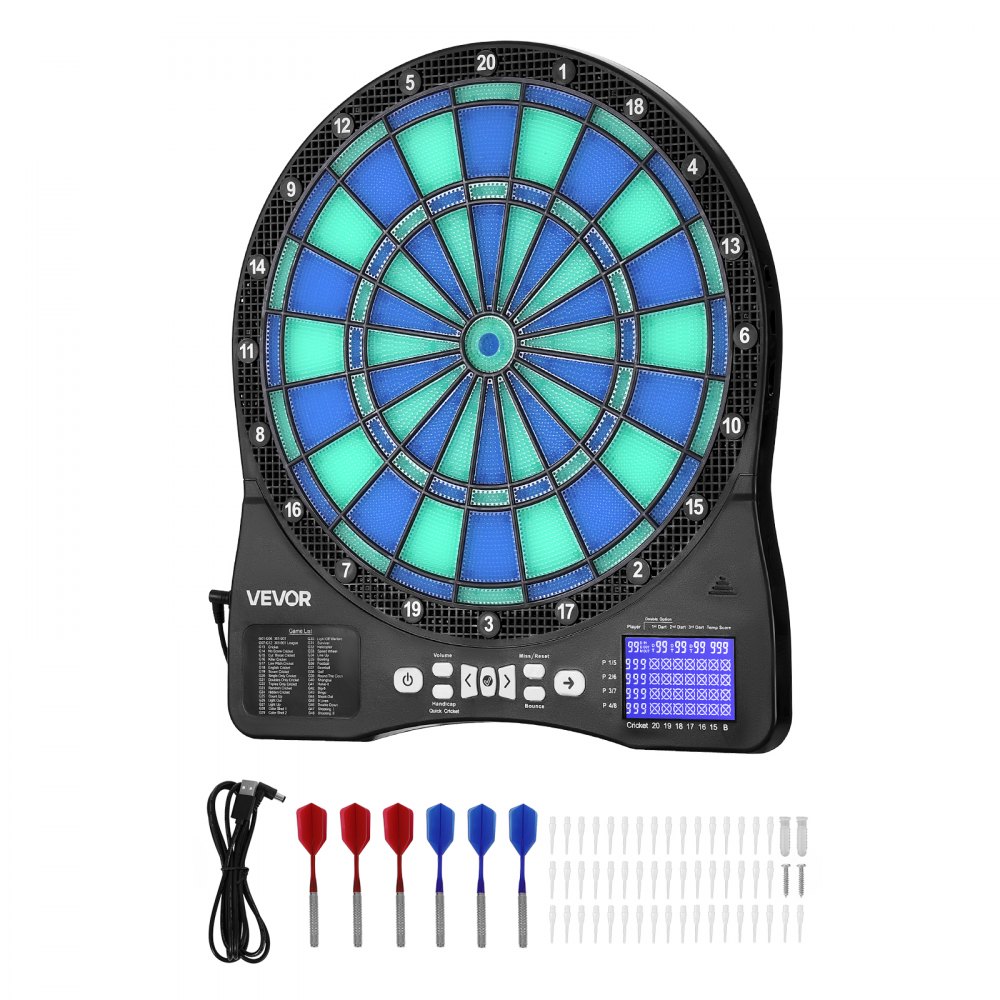 VEVOR Diana Electrónica 342,9 mm, con Iluminación LED, 48 Juegos, 500 Variantes, Incluye 6 Ejes de Dardos con Plumas y 50 Puntas de Repuesto, Pantalla LCD con Marcador de Críquet, a 8 Jugadores